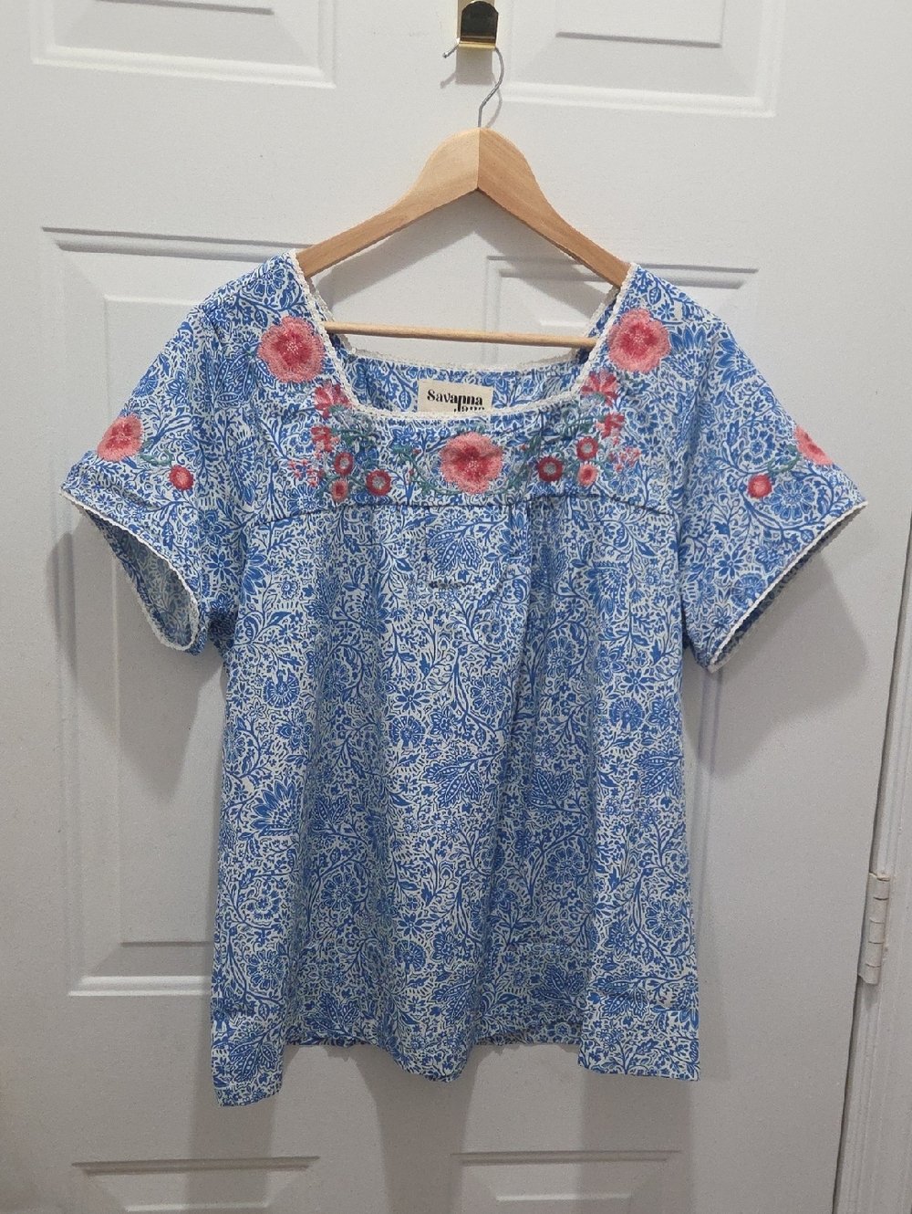 Savanna Jane Blue Floral Embroidered Short Sleeve Blouse